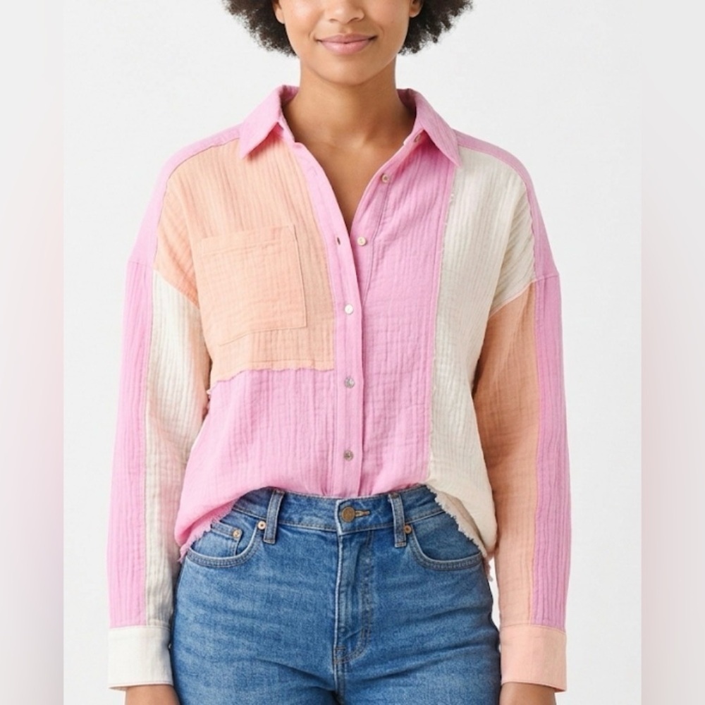 NWT New In Pastel Patchwork Crinkle Rayon Button Up‎ Top - Size Medium